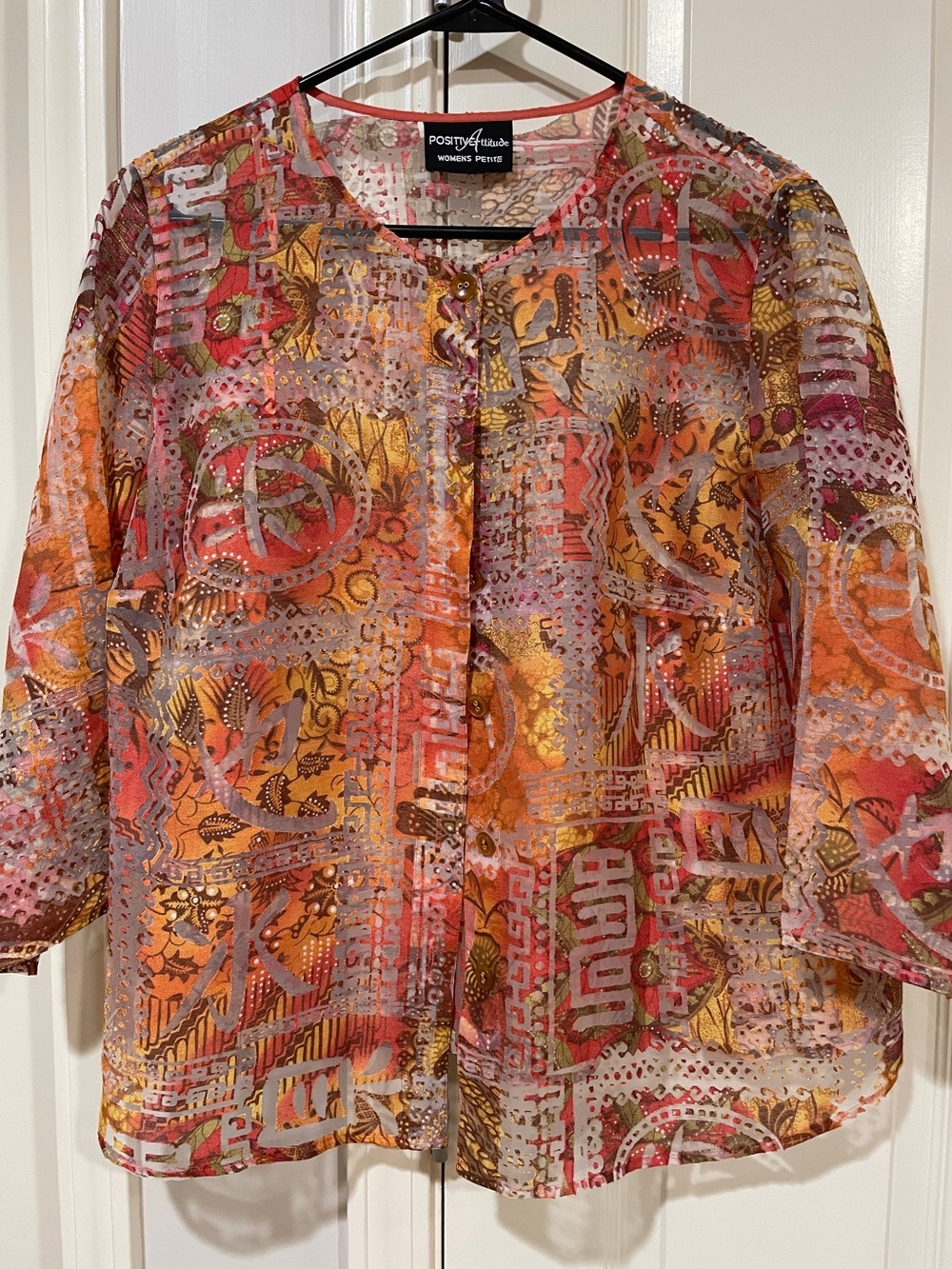 Positive Attitude Orange Multi Sheer Button-Front Blouse